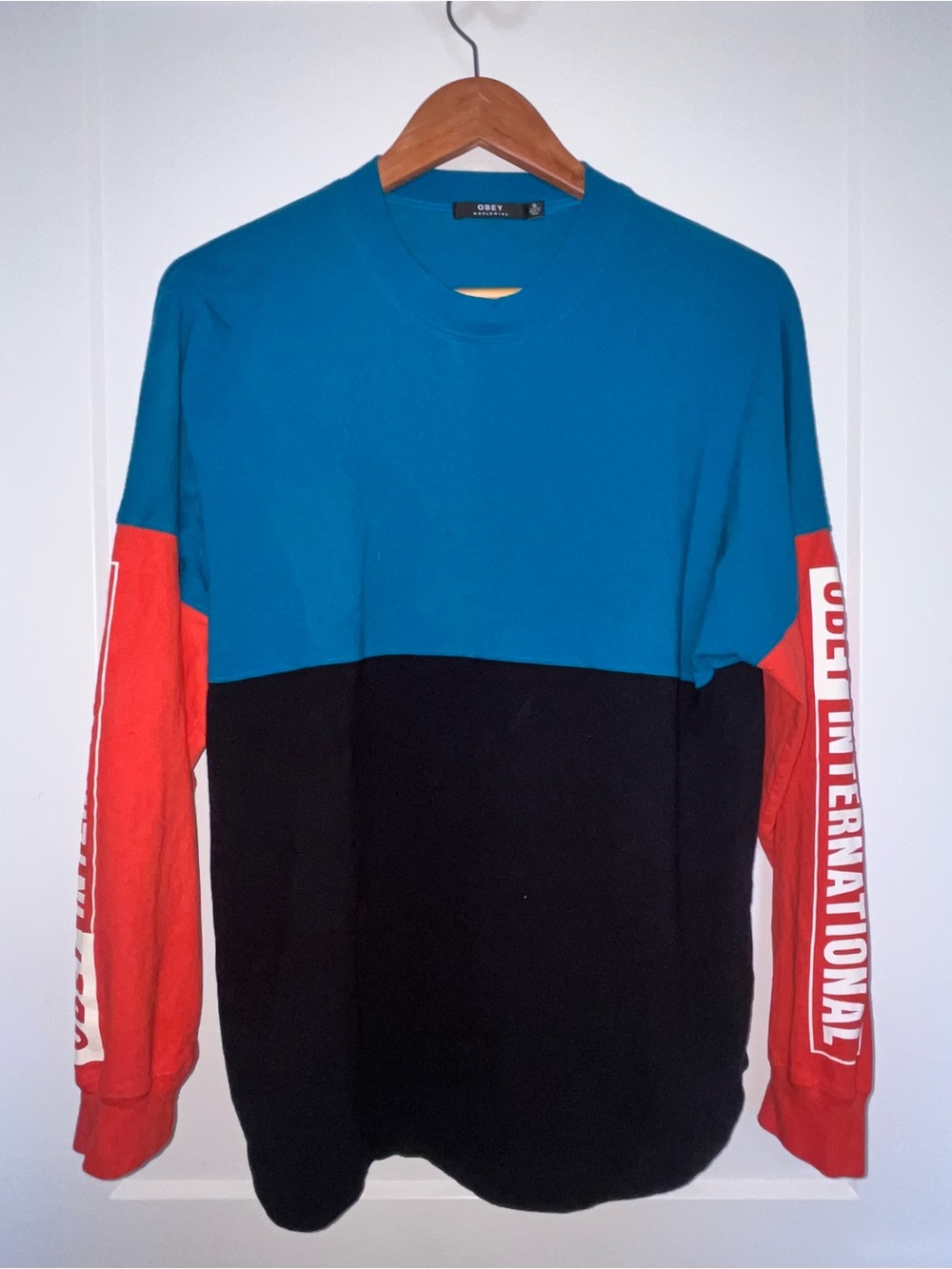Obey Teal, Black & Red Colorblock Long Sleeve Tee